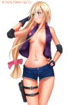  1girl blonde_hair blue_eyes breasts cleavage gun handgun no_bra open_clothes open_shirt pistol ryu_(ryu&#039;s_former_site) shirt solo weapon 