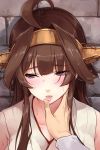  1girl ahoge bare_shoulders breasts brick_wall brown_hair cleavage detached_sleeves double_bun finger_to_mouth from_above hair_between_eyes hairband highres japanese_clothes kantai_collection kongou_(kantai_collection) lips long_hair looking_to_the_side parted_lips portrait sleeveless umakuchi_shouyu_(into-rain) violet_eyes 