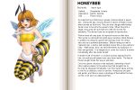  1girl antennae barefoot bee bee_girl blonde_hair blush character_profile english feet grey_eyes hard_translated honey honeybee insect insect_girl insect_wings jar kenkou_cross mamono_girl_lover monster_girl monster_girl_encyclopedia navel open_mouth orange_hair solo striped striped_legwear text thigh-highs toes translated wings 