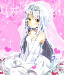  1girl aoi_(kiyokiyoaomushi) between_legs breasts bridal_gauntlets bridal_veil cleavage collar diadem dress elbow_gloves gloves hand_between_legs heart highres kantai_collection long_hair medium_breasts petals see-through shoukaku_(kantai_collection) silver_hair smile solo strapless strapless_dress veil wedding_dress white_dress white_gloves yellow_eyes 