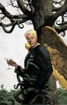  1boy angel_wings bare_tree black_jacket blonde_hair christopher_moeller cocktail_glass cup dc_comics drinking_glass feathered_wings formal from_side hand_in_pocket handkerchief highres jacket light_smile lips long_sleeves looking_at_viewer lucifer_(series) lucifer_morningstar official_art signature smile snake solo suit tan too_many tree tuxedo wine_glass wings yellow_wings 
