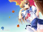  1girl autumn_leaves blue_eyes hatano_konami highres long_hair school_uniform tree underbar_summer 