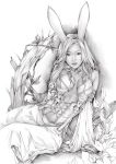  1girl absurdres animal_ears breasts cleavage final_fantasy final_fantasy_xii highres long_hair monochrome rabbit_ears solo viera 