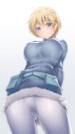  1girl belt_pouch blonde_hair blue_eyes blush brave_witches breasts closed_mouth crotch_seam from_below fur_trim large_breasts long_sleeves looking_at_viewer looking_down nikka_edvardine_katajainen pantyhose ribbed_sweater short_hair simple_background smile solo sweater tomohiro_kai world_witches_series 