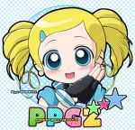  1girl artist_request black_gloves blonde_hair blue_background blue_eyes blush bubble chibi copyright_name earrings face gloves goutokuji_miyako hair_ornament hairclip jewelry lowres open_mouth powerpuff_girls powerpuff_girls_z rolling_bubbles short_hair simple_background solo twintails upper_body 