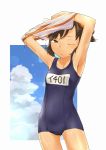  1girl armpits arms_up breasts brown_eyes brown_hair clouds commentary covered_navel cowboy_shot gluteal_fold i-401_(kantai_collection) kantai_collection kasai_jushi looking_at_viewer one-piece_swimsuit one_eye_closed sailor_collar school_swimsuit sky small_breasts solo swimsuit tan undressing wet wet_clothes 