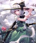  &gt;:( 1girl bare_arms black_bow black_bowtie black_ribbon blood bow bowtie closed_mouth collared_shirt cowboy_shot cuts fkey floral_print frown green_eyes green_skirt green_vest hair_ribbon hairband highres hitodama holding holding_sword holding_weapon injury katana konpaku_youmu konpaku_youmu_(ghost) looking_at_viewer motion_blur petals pink_flower puffy_short_sleeves puffy_sleeves ribbon shade sheath sheathed shirt short_hair short_sleeves silver_hair skirt skirt_set solo sword tassel torn_clothes torn_skirt touhou unsheathed vest wakizashi weapon weapon_on_back white_hair white_shirt 