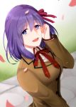  1girl :d cherry_blossoms commentary_request fate/stay_night fate_(series) highres looking_at_viewer matou_sakura open_mouth purple_hair school_uniform smile solo suzuko_(star8383) violet_eyes 
