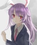  1girl animal_ears black_jacket blazer collared_shirt expressionless grey_background hair_between_eyes jacket lavender_hair long_hair long_sleeves looking_at_viewer looking_to_the_side necktie okakan rabbit_ears red_eyes red_necktie reisen_udongein_inaba shirt solo touhou upper_body white_shirt 