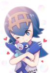  1girl absurdres beriko_(dotera_house) blue_eyes blue_hair bright_pupils bubble cuddling hairband heart highres hug one_eye_closed pokemon pokemon_(game) pokemon_sm popplio short_hair sleeveless smile suiren_(pokemon) sunlight twitter_username 