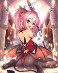  1girl bare_back bat_wings blue_eyes blush breasts cygames demon_girl demon_tail fang gloves highres horns lilim_(shingeki_no_bahamut) magic_circle mel/a open_mouth pantyhose pink_hair pointy_ears shadowverse shingeki_no_bahamut short_twintails smile solo staff tail twintails wings 