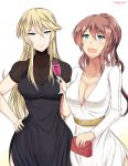  2girls absurdres alternate_costume alternate_hairstyle belt black_dress blonde_hair blue_eyes breasts brown_hair cleavage collarbone cup dress drinking_glass eyebrows eyebrows_visible_through_hair formal hair_between_eyes hair_down hand_bag hand_on_hip highres iowa_(kantai_collection) kantai_collection large_breasts long_hair looking_at_viewer multiple_girls open_mouth ponytail saratoga_(kantai_collection) see-through side_ponytail simple_background smile twitter_username wangphing white_background white_dress wine_glass 