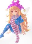  1girl american_flag_dress american_flag_legwear blonde_hair clownpiece dress fairy_wings hat jester_cap long_hair looking_at_viewer neck_ruff okakan pantyhose polka_dot_hat pom_pom_(clothes) purple_hat red_eyes short_sleeves simple_background sitting smile solo star striped striped_dress striped_legwear touhou very_long_hair white_background wings 