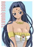  1girl blue_eyes blue_hair breasts cleavage dark_skin egyptian ishizu_ishtar jewelry large_breasts long_hair lots_of_jewelry necklace solo strapless yu-gi-oh! yuu-gi-ou_duel_monsters 