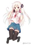  1girl :d belly_peek black_legwear black_ribbon blue_skirt blush bow bowtie collared_shirt eyebrows eyebrows_visible_through_hair hair_between_eyes hair_ribbon hands_up headphones headset holding_headphones huwali_(dnwls3010) long_hair looking_at_viewer open_mouth original pleated_skirt red_bow red_bowtie red_eyes ribbon school_uniform shirt shoes side_ponytail simple_background skirt smile solo thigh-highs thighs twitter_username uniform white_background white_hair white_shirt 