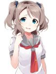  1girl alternate_hairstyle blue_eyes brown_hair grey_hair hair_twirling head_tilt highres looking_at_viewer love_live! love_live!_sunshine!! neckerchief open_mouth school_uniform scrunchie serafuku short_hair short_sleeves simple_background solo sweatdrop tie_clip totoki86 two_side_up upper_body watanabe_you white_background 