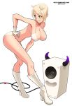  1girl bent_over bikini blonde_hair boots breasts cable cleavage dated gloves green_eyes hand_on_hip hanging_breasts high_heels horns huge_breasts legs long_legs original ryu_(ryu&#039;s_former_site) shoes short_hair slender slender_waist smile speaker swimsuit white_bikini white_swimsuit 