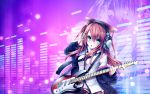  1girl animal_ears aqua_eyes brown_hair chabaneko gradient gradient_background guitar headphones instrument long_hair navel necktie original skirt solo striped_background yonari_phone_neon zoom_layer 