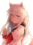  1girl absurdres adjusting_hair animal_ears backlighting blush dog_ears dog_tail from_side grey_eyes hair_between_eyes hibiki_(kantai_collection) highres kantai_collection long_hair looking_at_viewer neckerchief open_mouth school_uniform serafuku shiny shiny_hair sidelocks silver_hair solo somalisu tail upper_body 