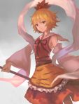  1girl bare_shoulders blonde_hair cowboy_shot detached_sleeves expressionless frills gradient gradient_background grey_background hair_between_eyes hair_ornament holding holding_weapon looking_at_viewer okakan red_shirt red_skirt shirt short_hair skirt solo staff tiger_print toramaru_shou touhou weapon white_sleeves wide_sleeves yellow_eyes 