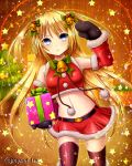  1girl bell belt black_gloves black_legwear blonde_hair blue_eyes box christmas_tree detached_sleeves falkyrie_no_monshou gift gift_box gloves green_ribbon hair_bell hair_ornament hair_ribbon highres holding long_hair midriff miyamae_porin navel red_skirt ribbon santa_costume skirt solo star thigh-highs 