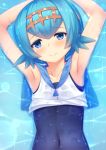  1girl afloat armpits blue_eyes blue_hair blush crop_top eyebrows eyebrows_visible_through_hair flat_chest from_above hairband momo_no_kanzume one-piece_swimsuit pokemon pokemon_(game) pokemon_sm sailor_collar school_swimsuit short_hair sparkle suiren_(pokemon) swimsuit swimsuit_under_clothes wet 