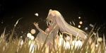  1girl autumn bangs blurry braid breasts catching closed_mouth commentary crystal depth_of_field detached_collar elf emilia_(re:zero) eyelashes floating_hair flower glowing grass hair_flower hair_ornament hair_ribbon highres hzw3 light_particles long_hair medium_breasts pointy_ears re:zero_kara_hajimeru_isekai_seikatsu ribbon shoulder_cutout silver_hair solo upper_body violet_eyes white_flower yellow 