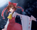  1girl ascot bow brown_eyes brown_hair detached_sleeves female hair_bow hair_tubes hakurei_reimu looking_at_viewer night ofuda open_mouth outdoors outstretched_arm red_bow red_ribbon red_skirt ribbon ribbon-trimmed_sleeves ribbon_trim sidelocks skirt skirt_set solo touhou vest 