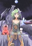  1boy 1girl bahamut bahamut_(final_fantasy) blue_eyes breasts cape cleavage crystal demon detached_sleeves dragon earth final_fantasy final_fantasy_iv green_hair ifrit lunar_whale monster rydia space_craft thigh-highs whyt 