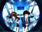  1boy 1girl :d black_legwear brown_eyes brown_hair chair chalkboard classroom desk english hand_in_pocket hands_on_hips kneehighs kyon loafers necktie open_mouth pink_floyd school_desk school_uniform serafuku shoes short_hair smile suzumiya_haruhi suzumiya_haruhi_no_yuuutsu 