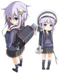  1girl backpack bag black_legwear blue_eyes from_behind hair_ornament hat kantai_collection kneehighs looking_back purple_hair randoseru recorder_case school_uniform serafuku shirt shoes short_hair skirt solo stick yayoi_(kantai_collection) 