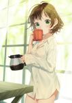  1girl blurry blush bottomless breasts brown_hair buttons cleavage coffee coffee_mug coffee_pot collared_shirt commentary_request covered_mouth cowboy_shot cup curtains depth_of_field dress_shirt green_eyes highres holding holding_cup indoors long_sleeves looking_at_viewer messy_hair morning mug naked_shirt original shirt short_hair sleeves_past_wrists small_breasts solo warabimochi_kinako window wooden_table 