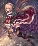  1girl bare_shoulders bell black_boots blonde_hair blue_eyes boots breasts commentary detached_collar dress fur_trim gloves green_ribbon hair_between_eyes hair_ribbon hat highres layered_dress long_dress long_hair looking_at_viewer medium_breasts official_art original parted_lips pocket_watch red_dress ribbon santa_costume santa_hat shingeki_no_bahamut snow solo tachikawa_mushimaro thigh-highs thigh_boots thighs very_long_hair watch watermark white_gloves 