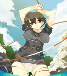  1girl bdsm bondage bound bra brown_eyes brown_hair embarrassed entangled fishing fishing_line lingerie panties rope ryuuta ryuuta_(msxtr) see-through shirt short_hair sky solo tomboy umihara_kawase umihara_kawase_(character) underwear water wet wet_clothes wet_shirt wet_t-shirt 