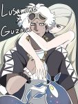  1boy 1girl bare_arms blonde_hair blush bracelet character_name closed_mouth dark_skin dark_skinned_male dress empty_eyes green_background green_eyes guzuma_(pokemon) hair_over_one_eye hug hug_from_behind jewelry long_hair looking_at_another lusamine_(pokemon) pokemon pokemon_(game) pokemon_sm saiensu_no_yuurei short_sleeves simple_background sleeveless sleeveless_dress smile spoilers sunglasses sunglasses_on_head sweat team_skull tentacle ultra_beast very_long_hair white_dress white_hair 