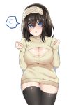  absurdres black_hair blue_eyes blush breasts curvy hairband highres idolmaster idolmaster_cinderella_girls large_breasts long_hair no_panties open-chest_sweater ribbed_sweater sagisawa_fumika spicy_moo spoken_sweatdrop sweatdrop sweater 