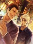  2boys :d akagi akagi_shigeru blonde_hair brown_eyes brown_hair dress_shirt evil_grin evil_smile formal grin long_sleeves multiple_boys open_mouth shirt smile suit teeth upper_body urabe urabe_(akagi) 