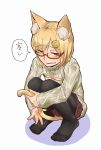  1girl animal_ears blonde_hair cat_ears cat_tail check_commentary commentary_request flat_chest food fruit glasses hair_ornament holding_own_tail kasai_jushi knees_together_feet_apart looking_at_viewer open-chest_sweater original pantyhose ribbed_sweater semi-rimless_glasses simple_background skirt solo squatting sweater tail under-rim_glasses white_sweater yuzu 