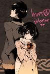  1boy 1girl akame_ga_kill! back-to-back black_eyes black_hair happy_valentine hetero kurome_(akame_ga_kill!) scarf tashiro_tetsuya wave_(akame_ga_kill!) winter_clothes 