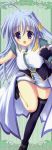  1girl absurdres ahoge artist_request asymmetrical_clothes asymmetrical_legwear black_legwear blue_eyes blue_hair blush book book_of_the_azure_sky breasts female fingerless_gloves gloves hair_ornament highres large_breasts long_hair long_image lyrical_nanoha magical_girl mahou_shoujo_lyrical_nanoha_a&#039;s mahou_shoujo_lyrical_nanoha_strikers open_mouth reinforce_zwei single_thighhigh solo source_request stick_poster tall_image thigh-highs waist_cape x_hair_ornament 