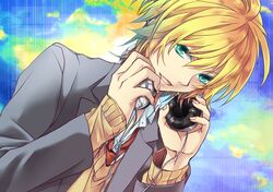  blonde_hair green_eyes hands_on_headphones headphones headphones_around_neck kagamine_len open_mouth tagme vocaloid wallpaper 