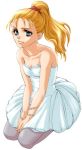  1girl 90s blonde_hair blue_eyes chrono_(series) chrono_trigger dress female full_body marle pantyhose ponytail simple_background solo synn 