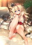  1girl arm_support bare_legs barefoot blonde_hair blue_eyes braid breasts collarbone corset dress french_braid hair_between_eyes hair_ornament hairband highres kantai_collection large_breasts leg_lift legwear_removed lips long_hair looking_at_viewer parted_lips perspective rock sand shibi signature sitting soles thigh-highs thighs toes tree warspite_(kantai_collection) water wet white_dress white_legwear 