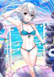  1girl anastasia_(idolmaster) bikini blue_bikini blue_choker blue_eyes breasts cleavage collarbone confetti front-tie_top hand_up highres idolmaster idolmaster_cinderella_girls navel nonoririn open_mouth short_hair silver_hair stage standing swimsuit wristband 