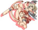  1girl animal_ears ankle_cuffs anklet axe barefoot blonde_hair blue_eyes dual_wielding feet final_fantasy final_fantasy_xi gochou_(kedama) hairband hatchets jewelry long_toenails mithra soles solo tail toenails toes warrior warrior_(final_fantasy) weapon 