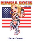  1girl ;d america american_flag belt blonde_hair blue_eyes blush boots breasts chaps chibi cleavage collar cow_print dixie_clemets fingerless_gloves flag gloves hand_on_hip high_heels long_hair midriff naughty_face navel no_bra one_eye_closed open_clothes open_mouth open_shirt rumble_roses ryu_(ryu&#039;s_former_site) shirt shoes smile solo standing strap thigh-highs vest wink zettai_ryouiki 
