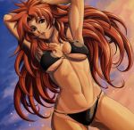  1girl abs armpits arms_up bikini bikini_tan breasts cleavage earrings eiwa erect_nipples jewelry long_hair muscle queen&#039;s_blade redhead risty solo swimsuit tan tanline toned under_boob violet_eyes wet 
