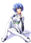  1girl arm_support ayanami_rei bangs blue_hair blush bodysuit bracer breasts daikobutu eyebrows eyebrows_visible_through_hair full_body gloves hair_between_eyes hand_on_own_chest head_tilt headgear knee_up looking_at_viewer neon_genesis_evangelion number parted_lips pilot_suit plugsuit red_eyes shadow shiruko short_hair simple_background sitting small_breasts solo turtleneck white_background 