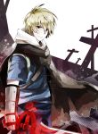  1boy adventure_time backpack blonde_hair cape finn frown gloves peppermoonflakes red_eyes short_hair solo sword weapon 