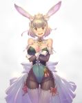  1girl animal_ears bare_shoulders blonde_hair blush breast_hold breasts bunny_girl bunnysuit character_request cleavage covered_navel detached_collar detached_sleeves gloves highres large_breasts leotard looking_at_viewer nadare-san_(nadare3nwm) open_mouth pantyhose rabbit_ears short_hair signature simple_background solo tears thigh-highs white_background white_gloves yellow_eyes 